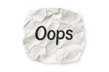 Crumpled paper with oops text illustrating a mistake, error, or failure with a transparent background