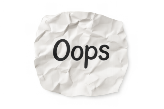 Crumpled paper with oops text illustrating a mistake, error, or failure with a transparent background