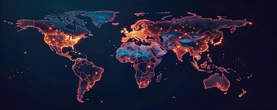 A complex network of interconnected global systems visualized as glowing nodes and lines on a dark background, representing international relations and cooperation , data, interaction