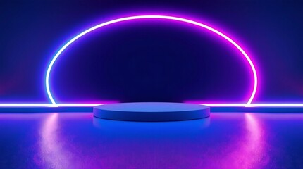 Futuristic neon archway with product display pedestal and reflective surface