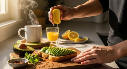 Person squeezing fresh lemon on avocado toast with coffee and orange juice in morning sunlight.