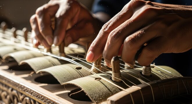 Close-up of hands playing a traditional stringed