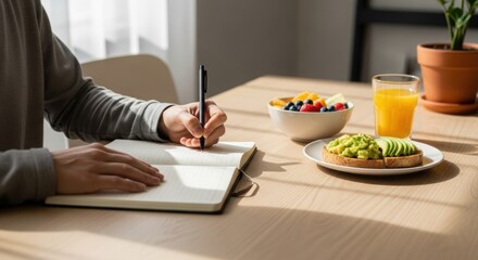 Morning routine with person journaling while having healthy breakfast with avocado toast, fruits, and orange juice.