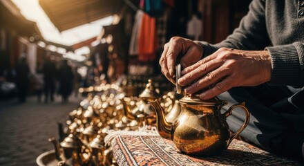 Man's hands polishing a brass teapot on a market