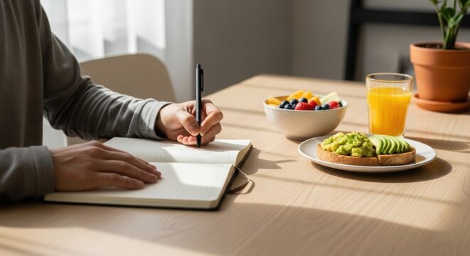 Morning routine with person journaling while having healthy breakfast with avocado toast, fruits, and orange juice.