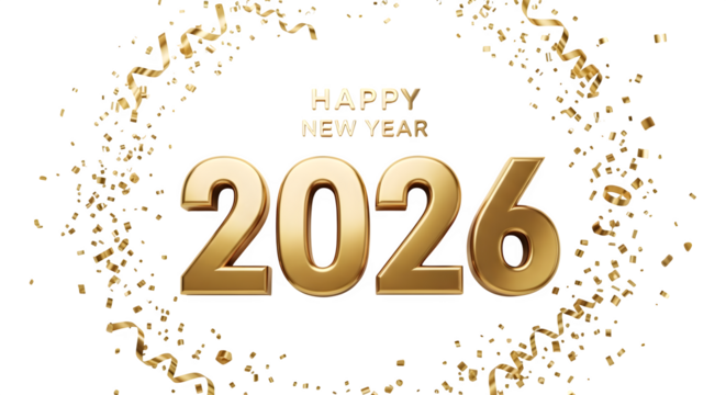 Happy new year 2026 golden text with confetti
