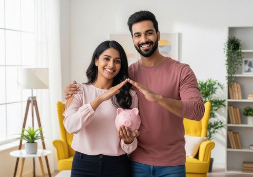 Happy couple forming a protective roof over a piggy bank symbolizing savings and financial security.
