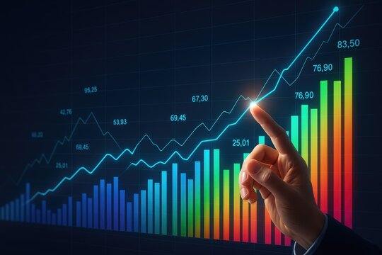 Business growth analysis hand pointing on upward trending financial chart with bar graphs and line graphs showing progress