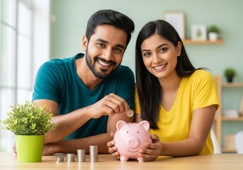 Happy young Indian couple saving coins in a piggy bank for their future financial goals.