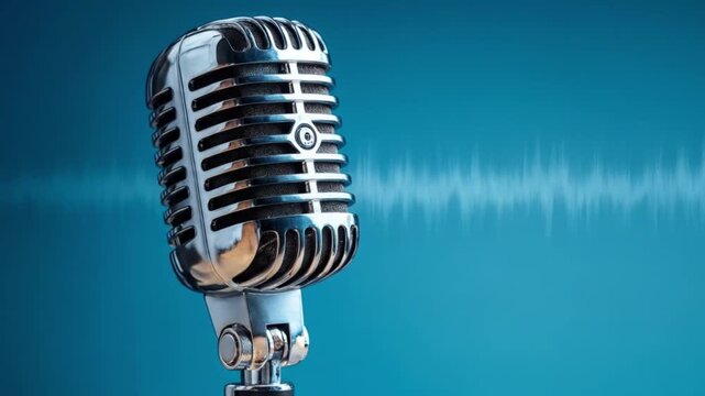 Vintage chrome microphone on a blue gradient stage, poised for vocal performances, studio-ready pro