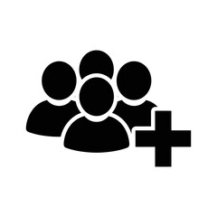 Black icon of a group of people with a plus sign on a
