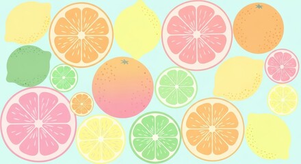 Assortment of colorful citrus fruit slices and whole fruits scattered across a light background