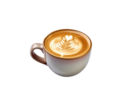 A Cup of Coffee with Latte Art Frothy Milk Foam Heart Shape and Leaf Pattern Isolated on a Transparent Background