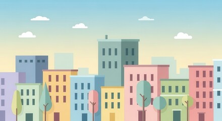 Colorful arrangement of simplified residential and commercial structures against a soft gradient sky.