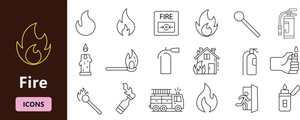 Fire safety line icons set with flame, extinguisher, firefighter equipment and emergency tools for protection and prevention vector illustration