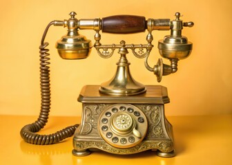 Classic rotary telephone with wooden base and ornate metal details