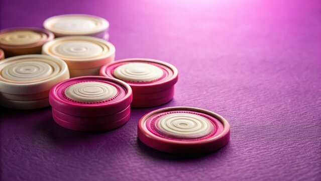 Close-up shot of unique pink carrom coins and white striker resting on a purplish carrom board