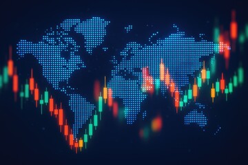 Global stock market trends and economic data visualization with candlesticks and world map
