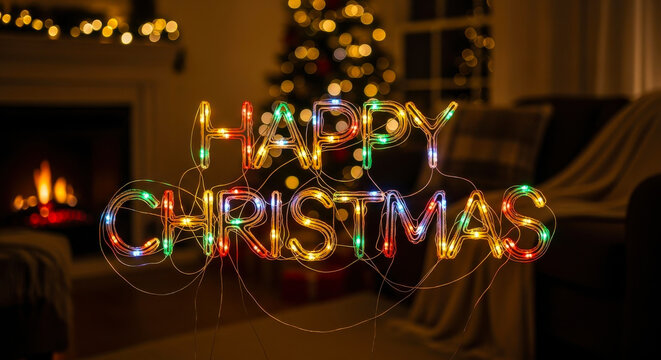 Sparkling green glitter letters spell happy christmas surrounded by festive decorations candy canes ornaments and snowfall in a winter wonderland scene - Powered by Adobe