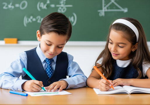 Two young students diligently writing in notebooks at a classroom desk with a blackboard in the background.