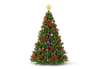 A beautifully decorated christmas tree with red bows, purple ornaments, and a golden star on top, isolated on a white background