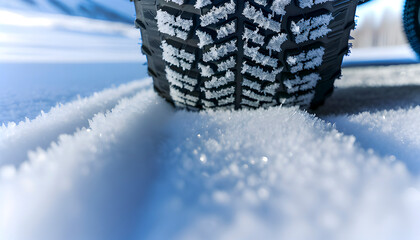 Close up of a winter tire driving over fresh snow icy tread pattern visible as the wheel rolls leaving a crisp track in the cold white landscape under clear blue sky