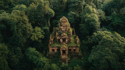 Aerial View of Ancient Koh Ker Temple Complex, Cambodia, Surrounded by Lush Green Forest.