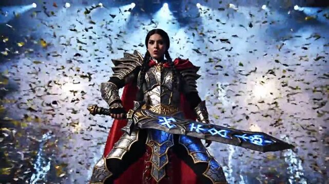Epic Female Warrior Queen in Armor Wielding a Magical Sword.