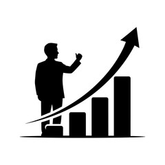 Businessman silhouette with thumb up, standing next to a rising bar graph and arrow, symbolizing growth, success, and positive progress