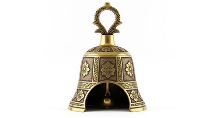 Brass bell with intricate designs and a loop handle on a white background