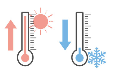 上昇と下降の矢印付き温度計アイコン　太陽と雪の結晶のワンポイントイラスト