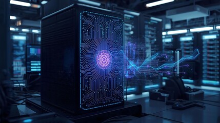 Generative AI image of futuristic quantum computer with glowing