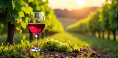 A crystal wine glass sits amongst lush green grapevines, bathed in warm sunlight; a picturesque vineyard scene perfect for wine tasting promotions , drinkware, crystal, drink