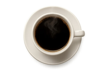 Steaming hot black coffee cup and saucer providing a morning energy boost, top view, transparent background