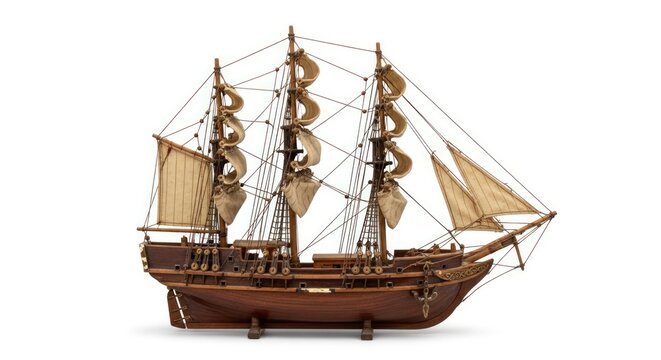 Model of a brown wooden sailing ship with three masts on a white background. - Powered by Adobe