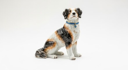 A tri-colored dog figurine with a blue collar sitting on a plain white background.