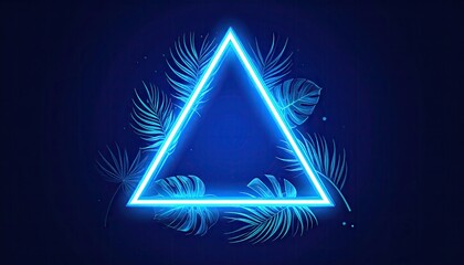 Neon triangle with leafy silhouettes against dark blue