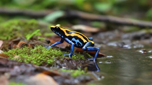 A vibrant blue and yellow poison dart frog on a mossy bank next to water.