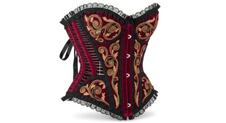 Close-up shot of a red and gold corset with black trim and lace on a white background.