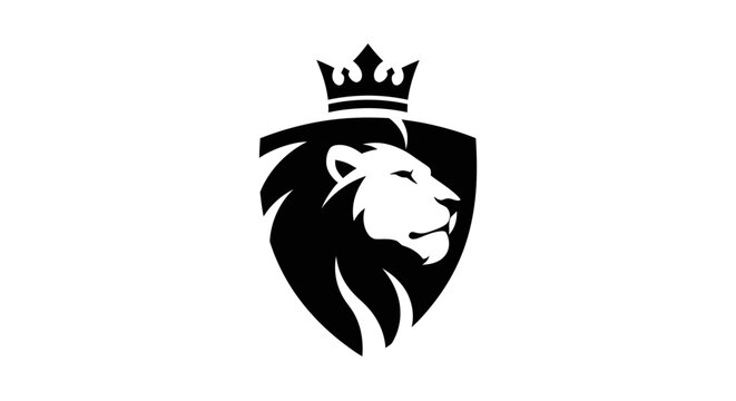 A striking black and white shield emblem featuring a majestic lion's head with a crown.