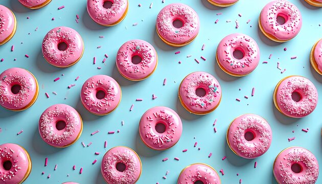 Pink donuts with sprinkles on a bright blue background - Powered by Adobe