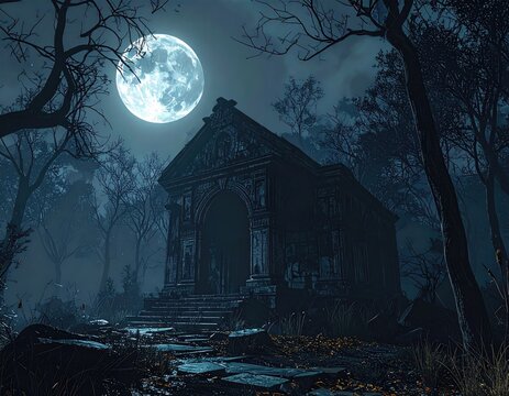 Gothic mausoleum under moonlight, eerie forest