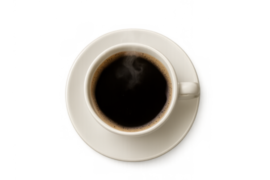 Hot black coffee steaming in white cup with saucer, offering morning energy, top down view, transparent background