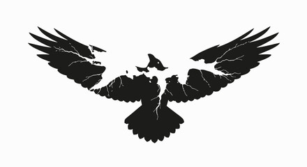 Obraz premium A stylized black silhouette of a bird with outstretched wings, appearing fractured or cracked.
