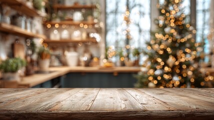 Cozy christmas kitchen interior with glowing fairy lights and decorated tree in soft golden bokeh, empty wooden table in festive warm atmosphere, blurred holiday background perfect for product display
