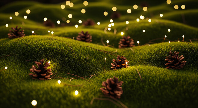 Abstract background of mossy ground with pine cones and blurred bokeh fairy lights green texture - Powered by Adobe