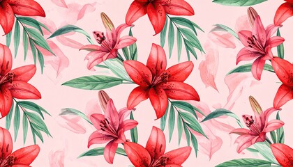 Red lilies and green leaves on pink background, floral pattern