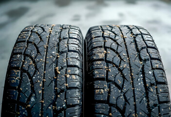 Two car tires with rugged tread pattern are shown close up small bits of dirt stuck in the grooves the background is blurred highlighting the detail and texture of the rubber