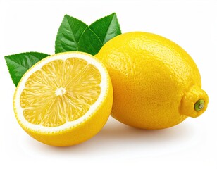 Ripe lemons; one halved with green leaves on a white base