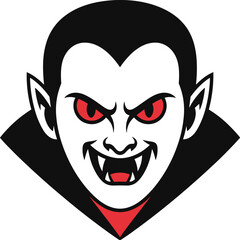 Scary vampire face cartoon illustration with red eyes, fangs, dark hair, Halloween monster character design, horror fantasy vector art